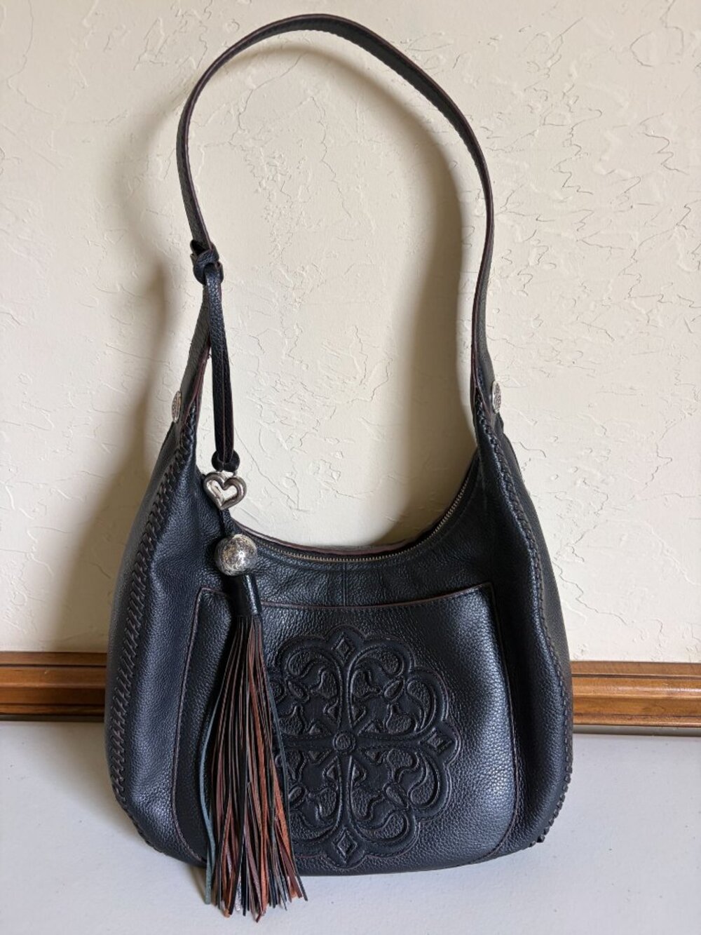 Brighton Silvana Ferrara Hobo Handbag Black Genuine Leather Embossed Medallion M